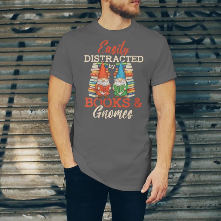 Reading Gnomes Cute Easily Distracted By Books And Gnomes Unisex Jersey T-Shirt