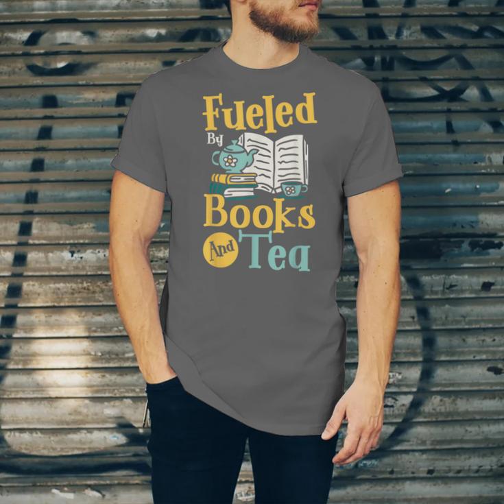Reading Hobby Bookshelves Library Fueled By Books And Tea Unisex Jersey T-Shirt