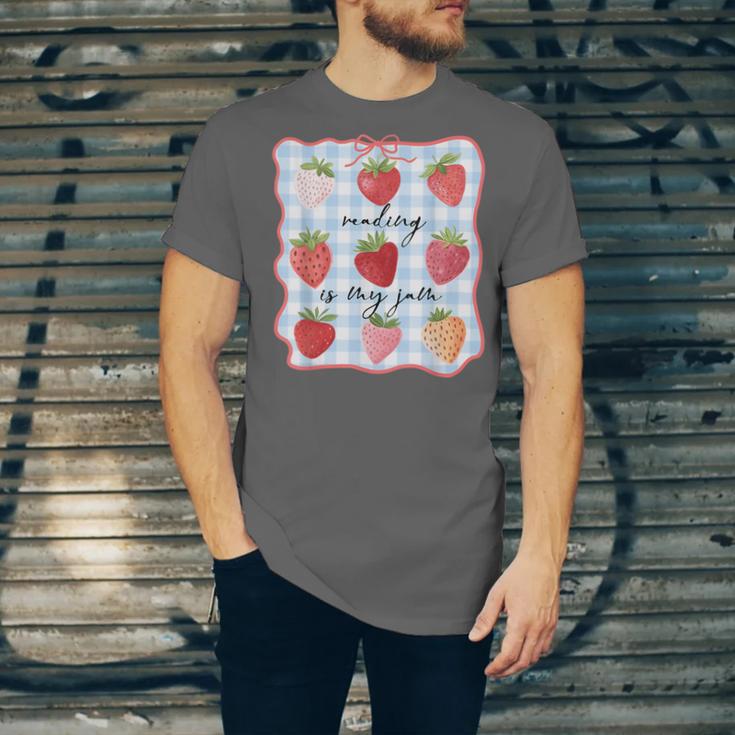 Reading Is My Jam Preppy Stawberry Bookworm Book Lover Nerd Unisex Jersey T-Shirt