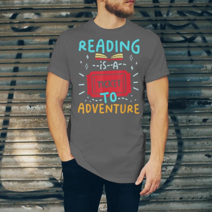Reading Is A Ticket To Adventure Fun Book Lovers Fun Unisex Jersey T-Shirt Reading Is A Ticket To Adventure Fun Book Lovers Fun Unisex Jersey T-Shirt