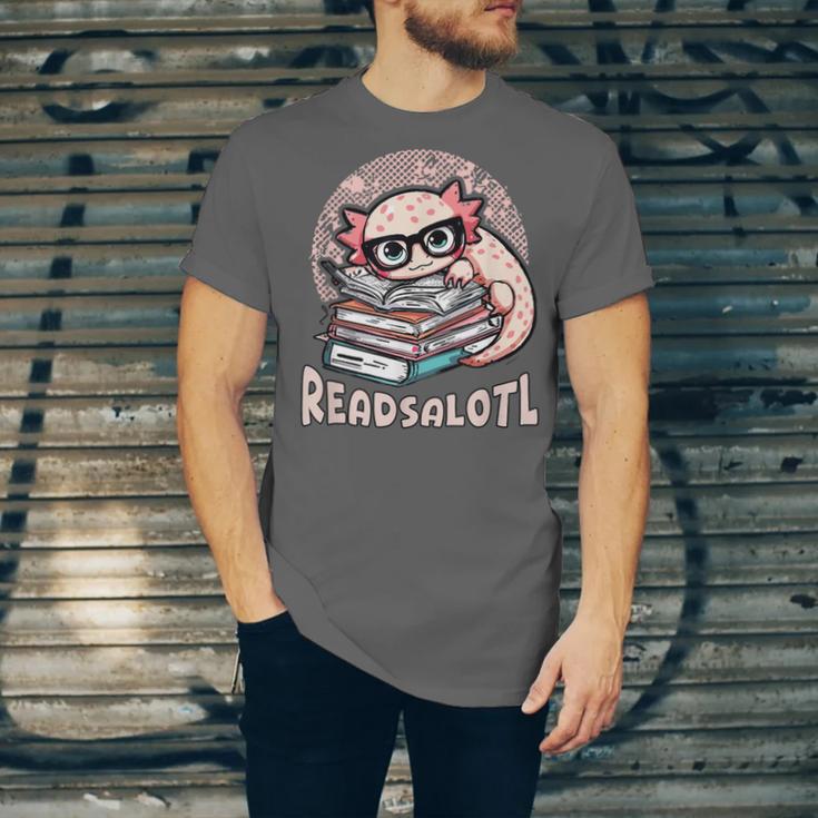 Readsalotl Axolotl Reading Books Glasses Bookworm Pun Fun Unisex Jersey T-Shirt