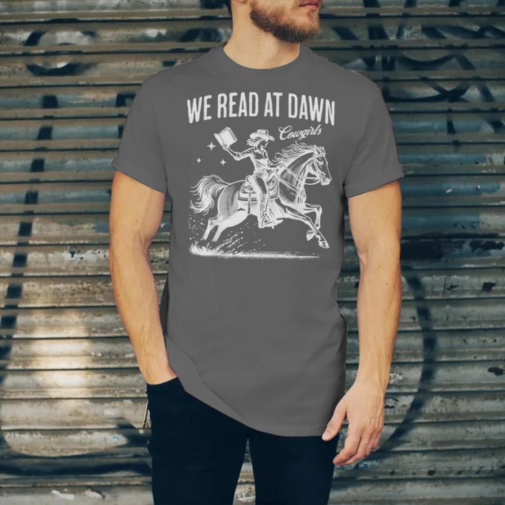 Retro We Read At Dawn Cowgirl Western Librarian Book Lover Unisex Jersey T-Shirt