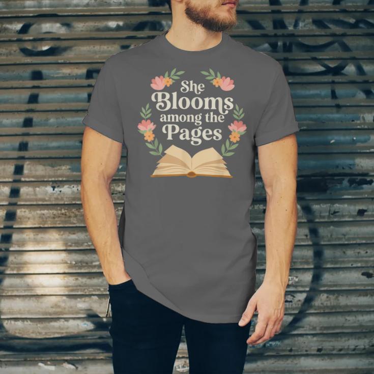 She Blooms Among The Pages Women Mom Wife Floral Book Quote Unisex Jersey T-Shirt She Blooms Among The Pages Women Mom Wife Floral Book Quote Unisex Jersey T-Shirt