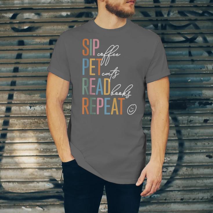 Sip Coffee Pet Cats Read Books Repeat Book Cat Lover Unisex Jersey T-Shirt Sip Coffee Pet Cats Read Books Repeat Book Cat Lover Unisex Jersey T-Shirt