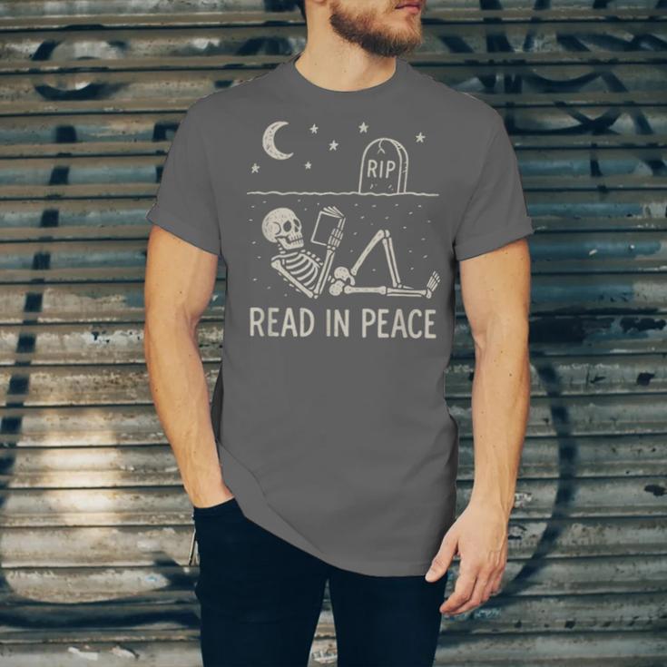 Skeleton Read In Peace Halloween Book Graphic Bookish Unisex Jersey T-Shirt