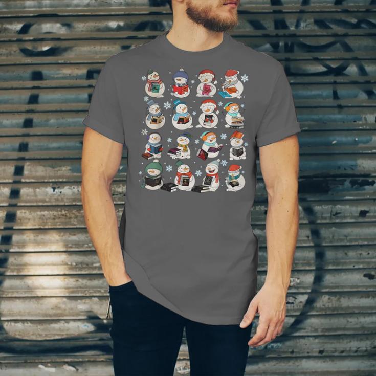 Snowman Reading Book Christmas Cozy Book Lover Bookish Unisex Jersey T-Shirt