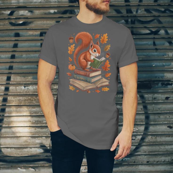 Squirrel Reading Book Lovers Fall Leaves Library Books Unisex Jersey T-Shirt