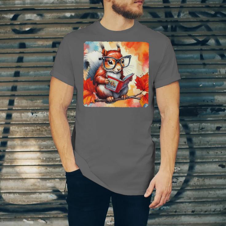 Squirrel Reading Comic Book On Autumn Branch Glasses Leaves Unisex Jersey T-Shirt Squirrel Reading Comic Book On Autumn Branch Glasses Leaves Unisex Jersey T-Shirt