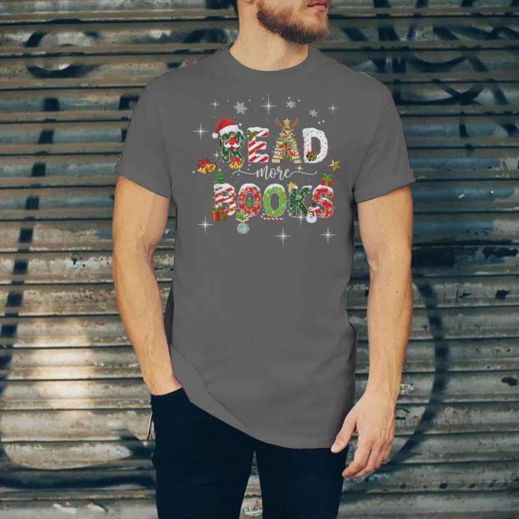 Teacher Read More Books Christmas Reading Bookworm Librarian Unisex Jersey T-Shirt