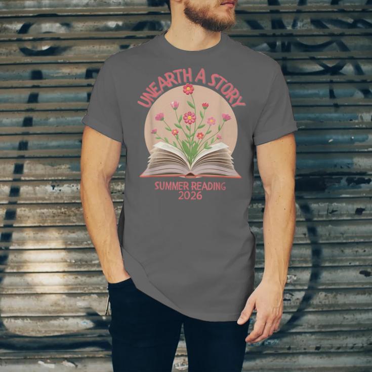 Unearth a Story 2026 Summer Reading Program Flowers Book Unisex Jersey T-Shirt