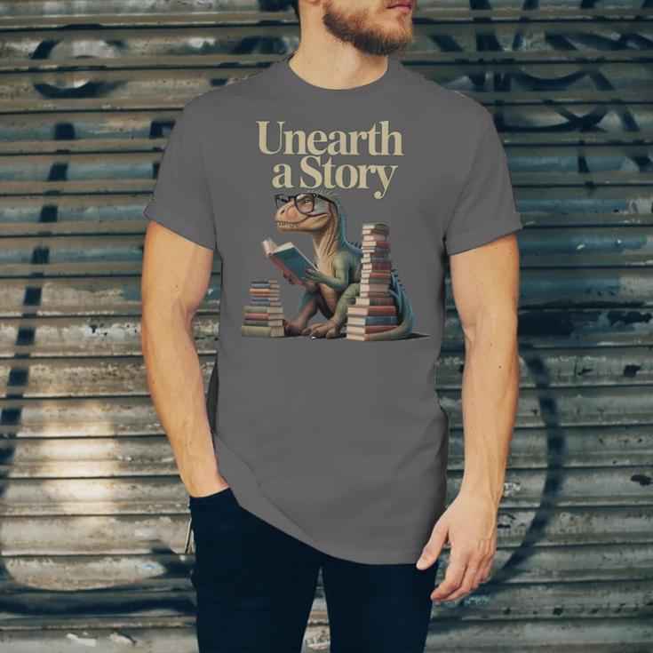 Unearth A Story Dinosaur Reading a Library Book Unisex Jersey T-Shirt