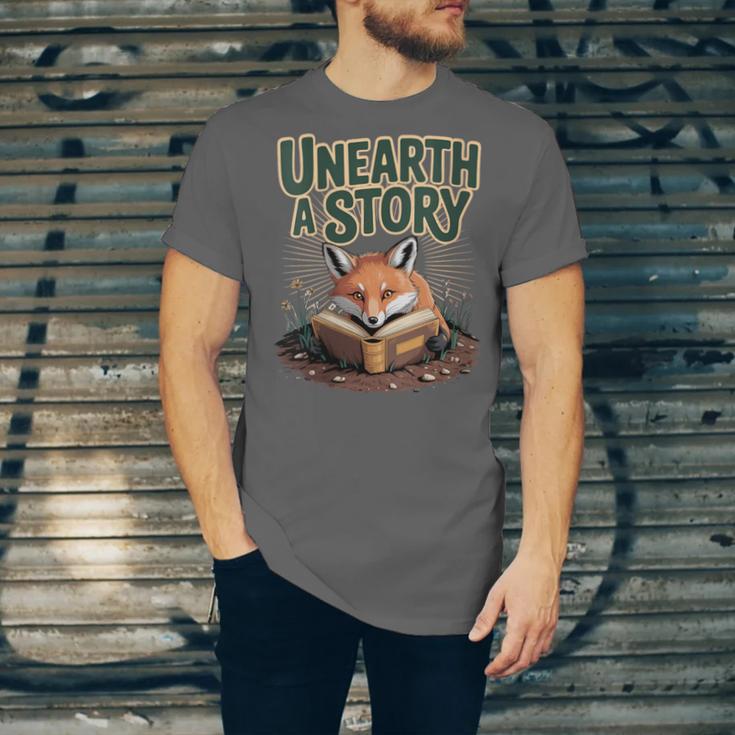 Unearth A Story Fox Reads a Book Unisex Jersey T-Shirt