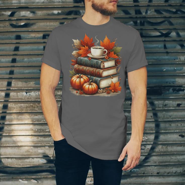 Vintage Autumn Books Coffee Pumpkin Fall Reading Unisex Jersey T-Shirt Vintage Autumn Books Coffee Pumpkin Fall Reading Unisex Jersey T-Shirt