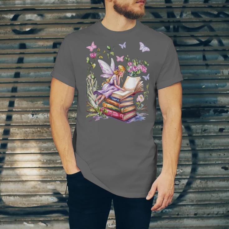Watercolor Butterfly Fairy Read Book Library Fantasy Novel Unisex Jersey T-Shirt