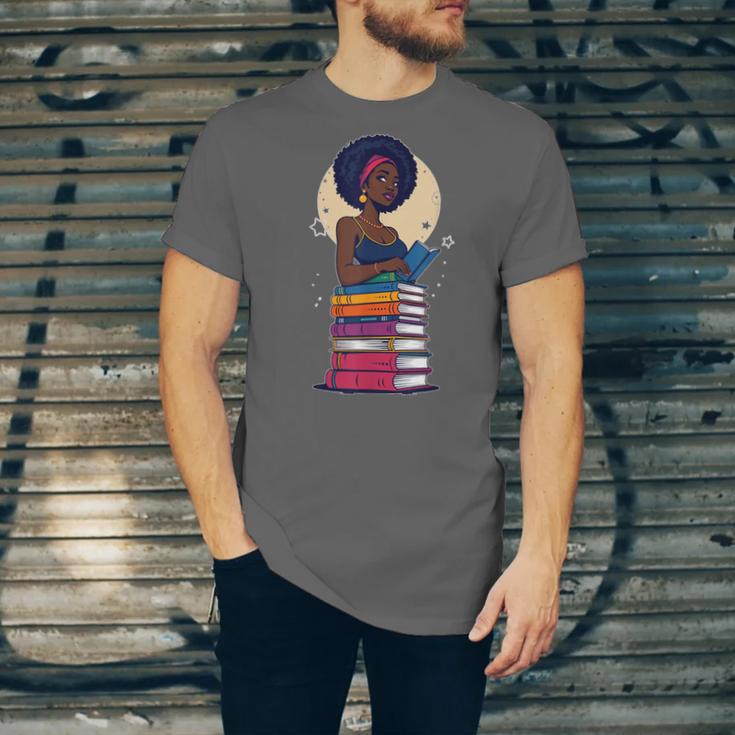 Woman And Books Stack Afro Girl Reading Lover Unisex Jersey T-Shirt
