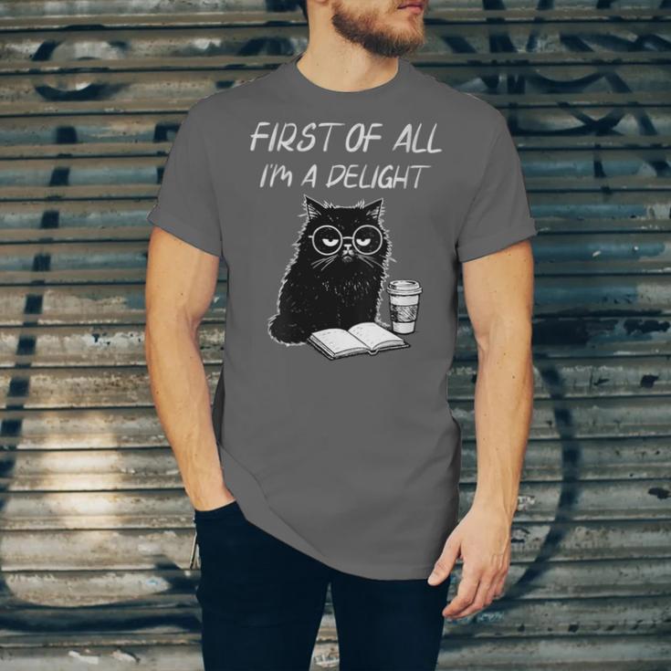 Women's First Of All I’m A Delight Cute Cat Books Coffee Humor Unisex Jersey T-Shirt