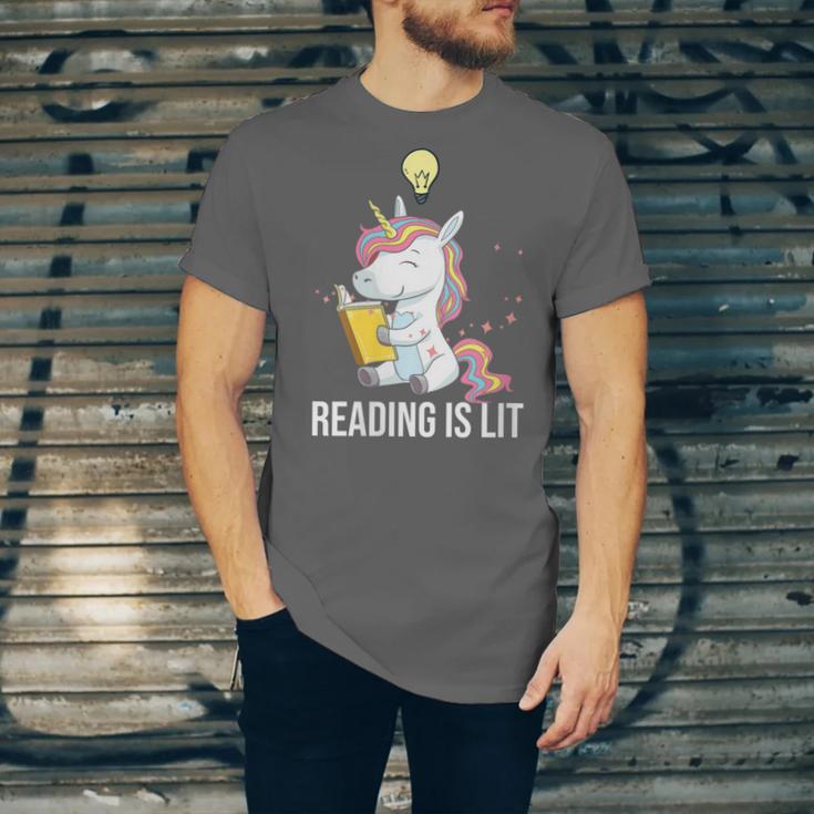 Women's Reading Is Lit Unicorn Library English Teacher Book Lover Unisex Jersey T-Shirt