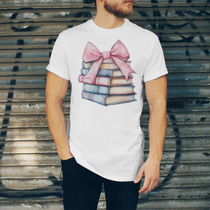 Book Lover Coquette Bow Pink Dainty Ribbon Cute Bookworm Unisex Jersey T-Shirt