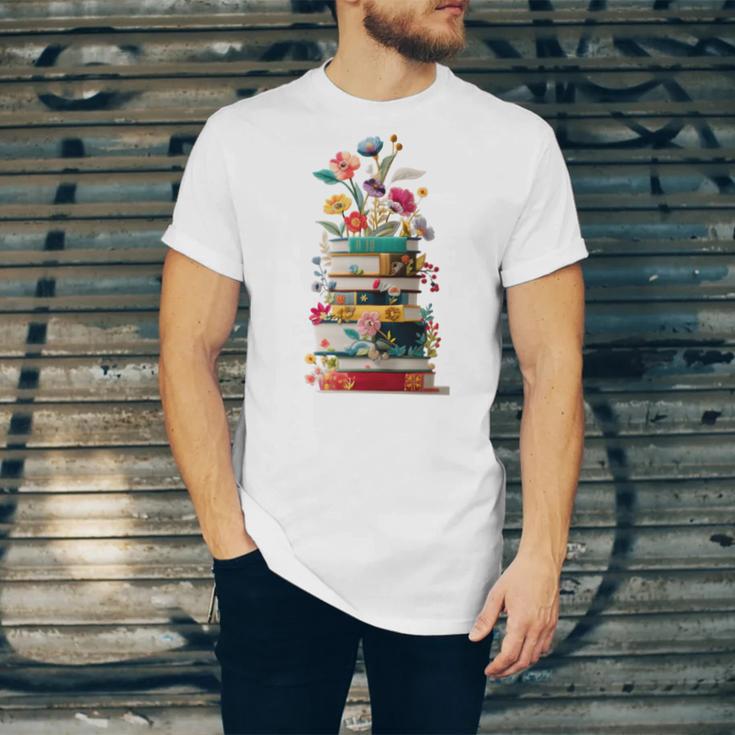Book Stack With Flowers Reading Lover Bookish Unisex Jersey T-Shirt