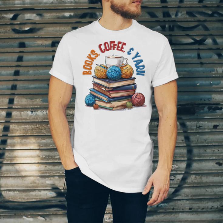 “Books Coffee & Yarn Enthusiast Cozy Reader Unisex Jersey T-Shirt