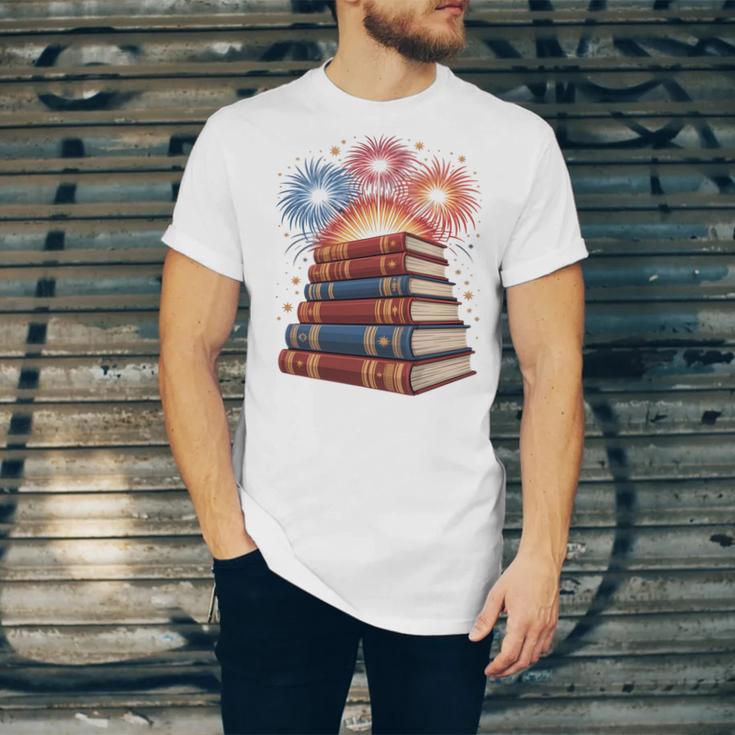 Books Fireworks 4th Of July Bookworm Patriotic Reader Unisex Jersey T-Shirt