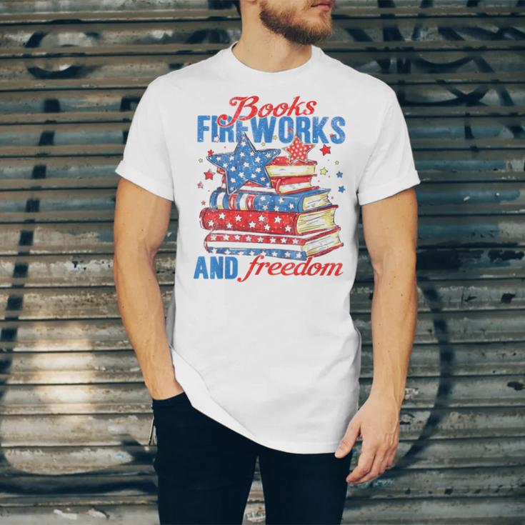 Books Fireworks And Freedom 4th Of July Book Lover Unisex Jersey T-Shirt