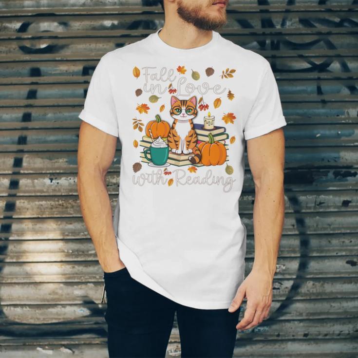 Cat Fall In Love With Reading Book Lover Autumn Unisex Jersey T-Shirt