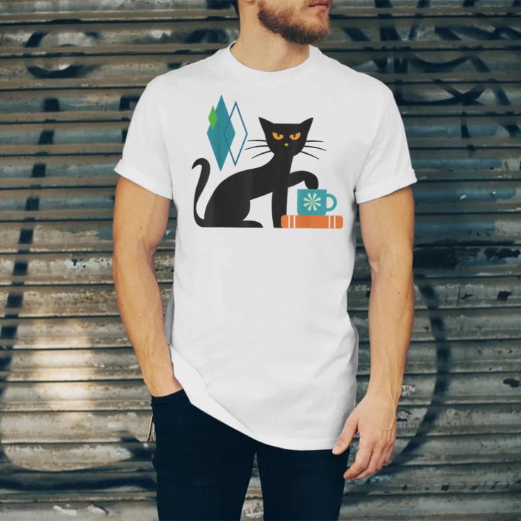 Cat Midcentury With Book And Coffee Atomic Age Mid Century Unisex Jersey T-Shirt Cat Midcentury With Book And Coffee Atomic Age Mid Century Unisex Jersey T-Shirt