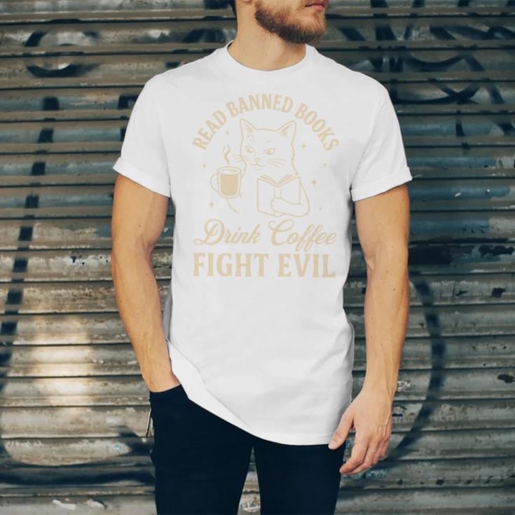 Cat Read Banned Books Drink Coffee Fight Evil Unisex Jersey T-Shirt Cat Read Banned Books Drink Coffee Fight Evil Unisex Jersey T-Shirt