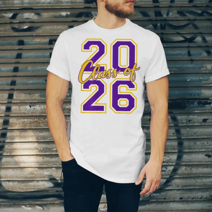 Class Of 2026 Graduation Varsity Purple Yellow On The Back Unisex Jersey T-Shirt