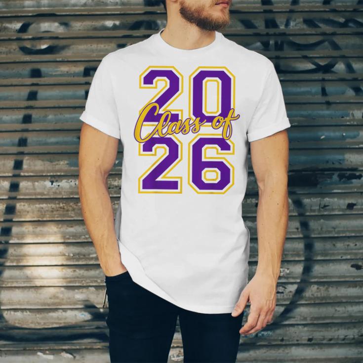 Class Of 2026 Graduation Varsity Purple And Yellow Letters Unisex Jersey T-Shirt