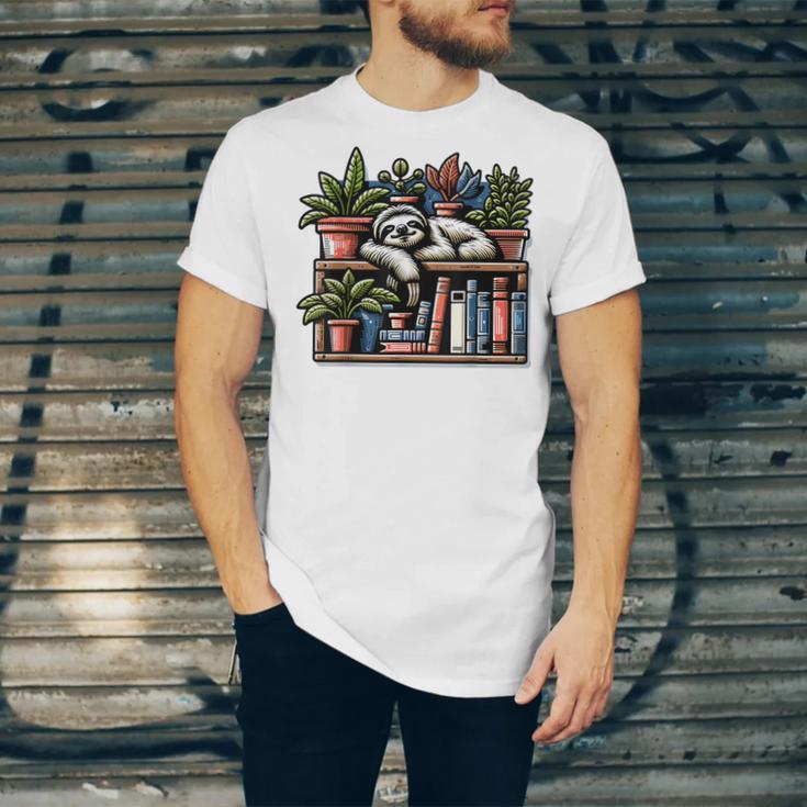 Cosy Sloth In Bookshelf With Plants Unisex Jersey T-Shirt