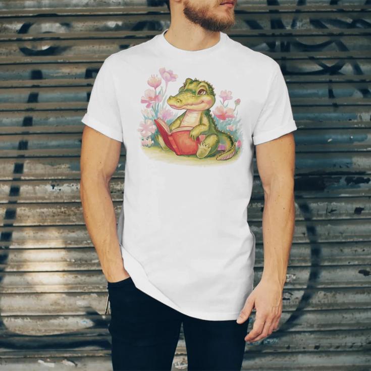 Crocodile Reading Book Watercolor Flowers Kids Unisex Jersey T-Shirt