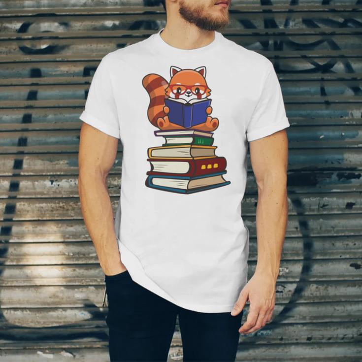 Cute Kawaii Kids Reading Books Glasses Red Panda Lover Unisex Jersey T-Shirt