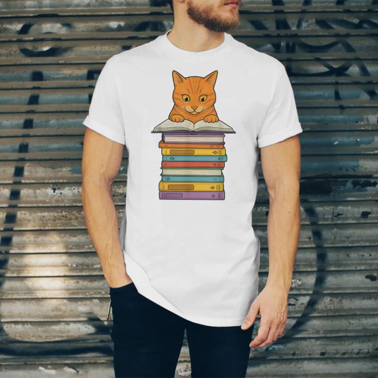 Cute Orange Tabby Cat Reading On Pile Of Books Unisex Jersey T-Shirt Cute Orange Tabby Cat Reading On Pile Of Books Unisex Jersey T-Shirt