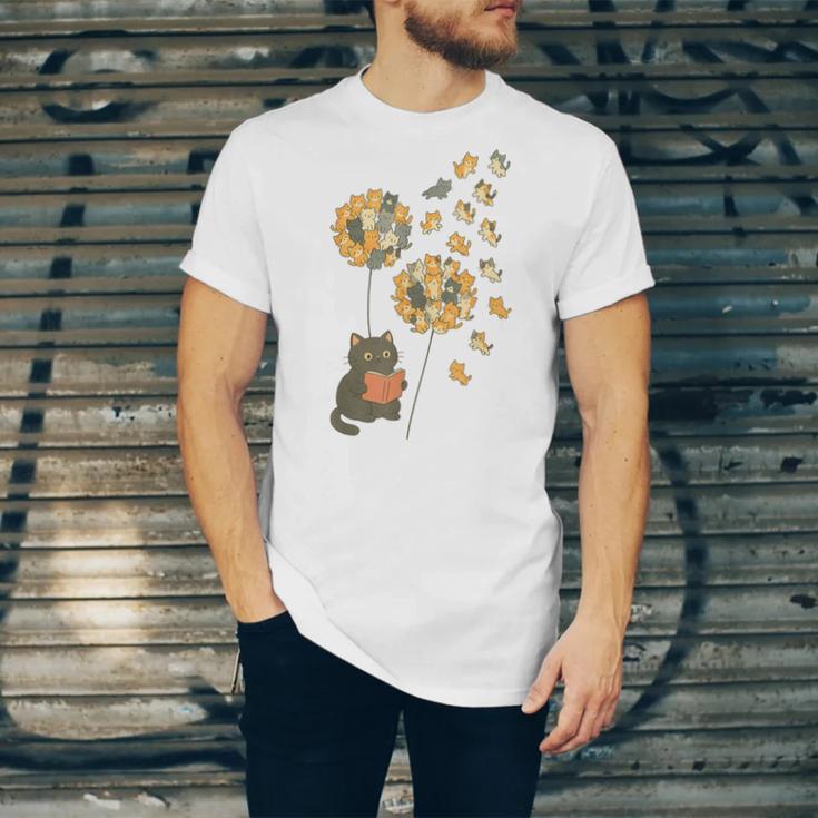 Cute Reading Cat With Kitten Dandelion Flowers Book Lover Unisex Jersey T-Shirt