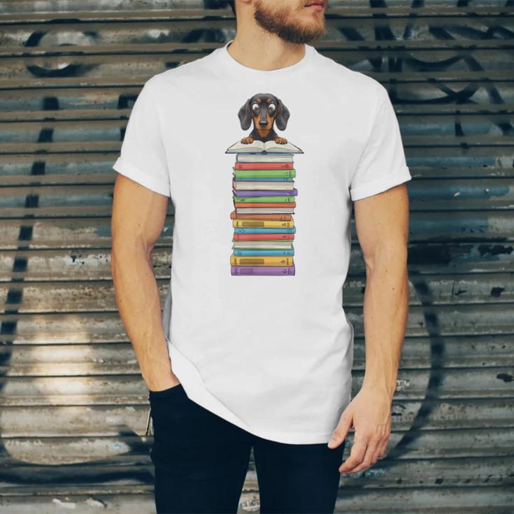 Cute Wiener Dog Dachshund Reading On Pile Of Books Unisex Jersey T-Shirt