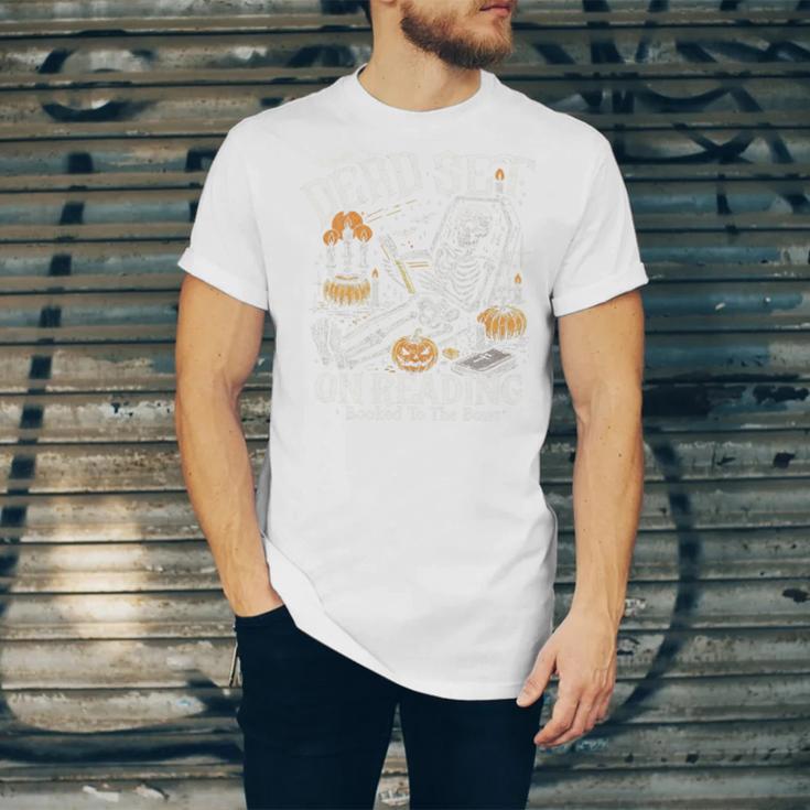 Dead Set On Reading Skeleton Halloween Book Lover Unisex Jersey T-Shirt