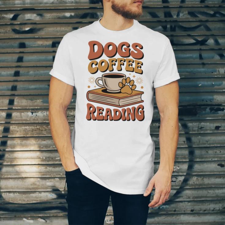 Dogs Coffee Reading Book Lover Unisex Jersey T-Shirt Dogs Coffee Reading Book Lover Unisex Jersey T-Shirt