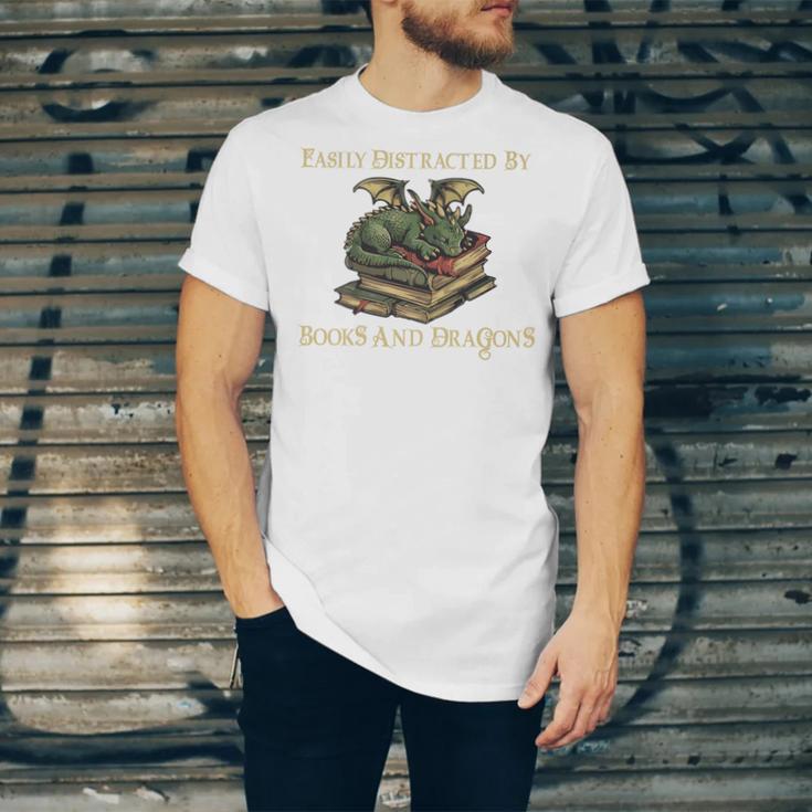 Easily Distracted By Books And Dragons Graphic Premium Unisex Jersey T-Shirt