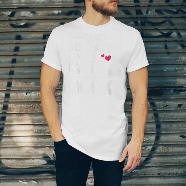 Easily Distracted By Cats And Books Cat & Book Lover Unisex Jersey T-Shirt