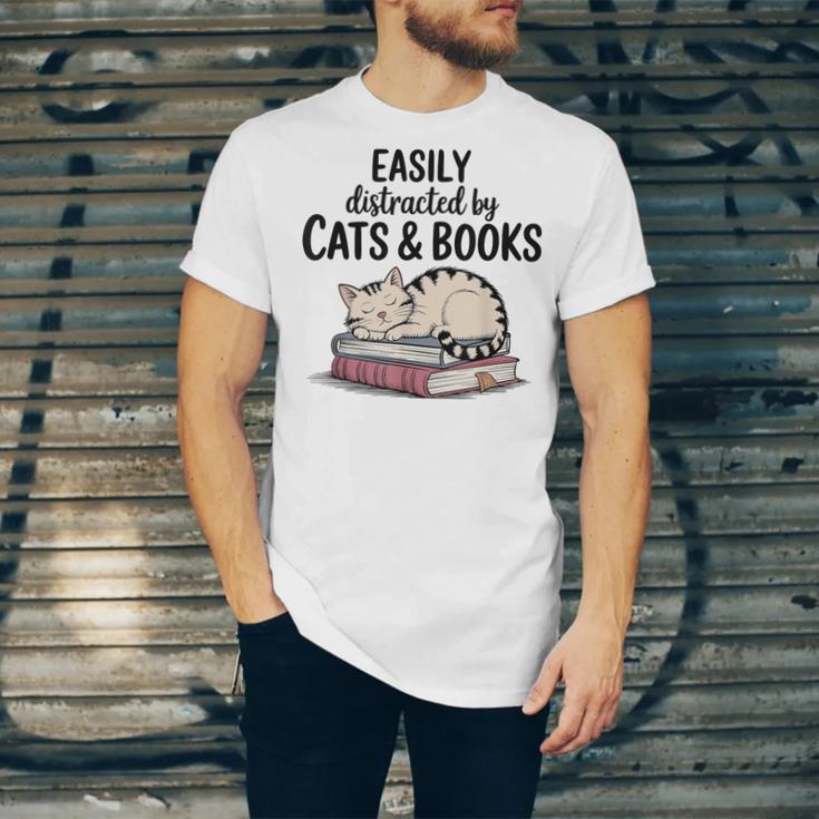 Easily Distracted By Cats And Books Cute Book Lover Unisex Jersey T-Shirt Easily Distracted By Cats And Books Cute Book Lover Unisex Jersey T-Shirt