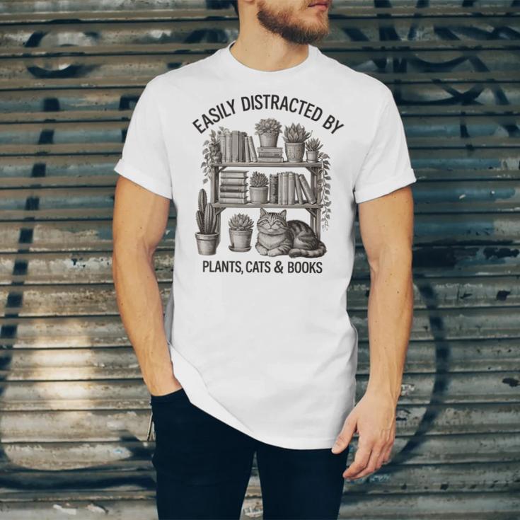 Easily Distracted By Plants Cats & Books Planting Gardening Unisex Jersey T-Shirt