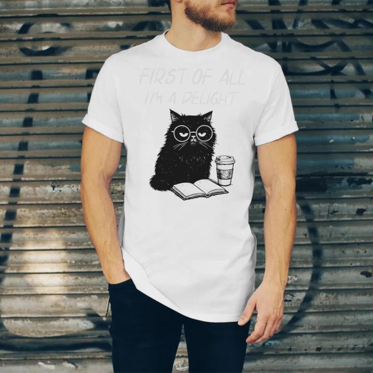First Of All I’m A Delight Cute Cat Books Coffee Humor Unisex Jersey T-Shirt First Of All I’m A Delight Cute Cat Books Coffee Humor Unisex Jersey T-Shirt