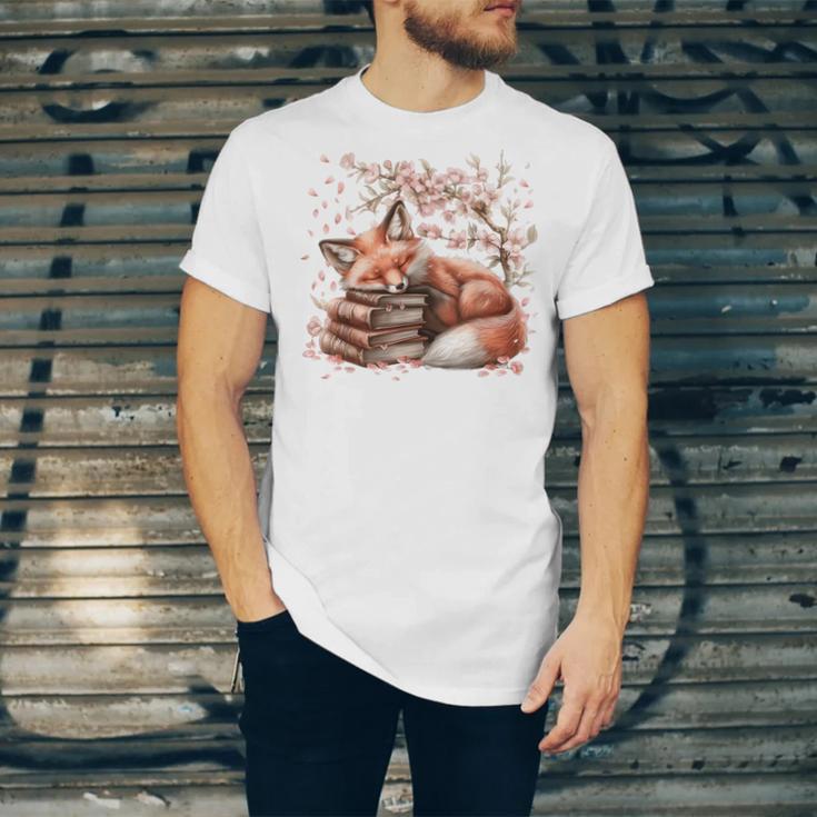 Fox And Book Lover Graphic For Women And Spring Pink Flower Unisex Jersey T-Shirt