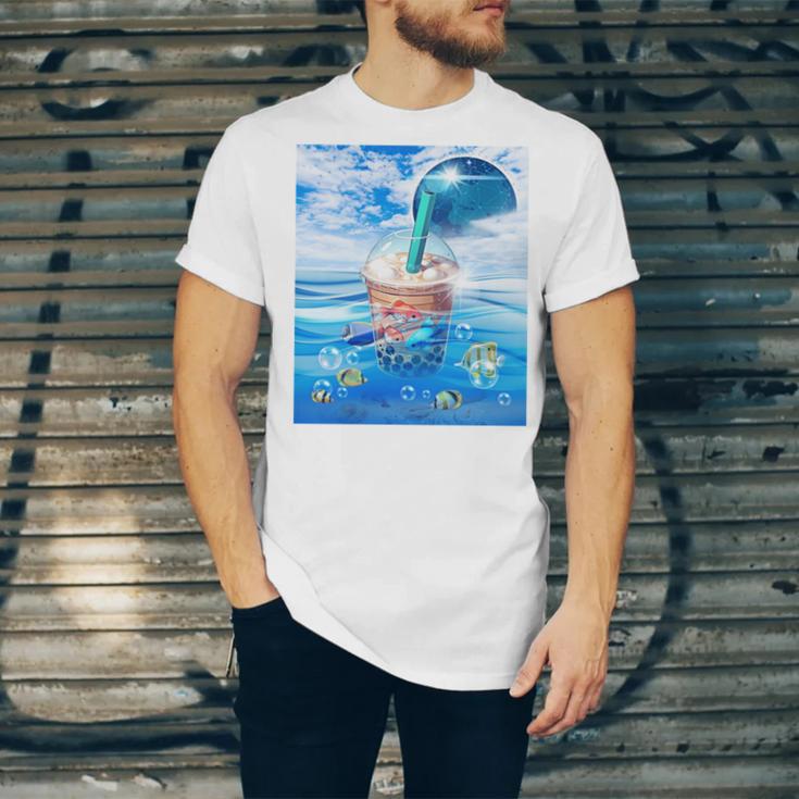 Frutiger Aero Aesthetic Tech Bubble Tea Boba Milktea Fishes Unisex Jersey T-Shirt