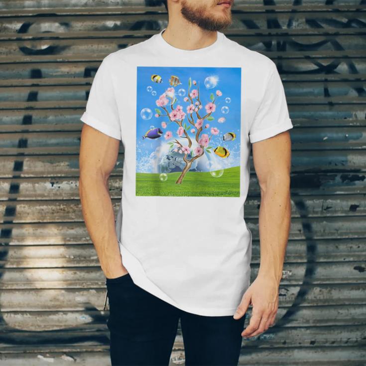 Frutiger Aero Aesthetic Tech Cherry Blossom Fishes Bubbles Raglan Baseball Tee Unisex Jersey T-Shirt