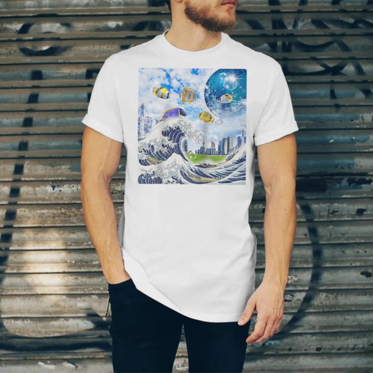 Frutiger Aero Aesthetic Tech Great Wave Of Kanagawa Fishes Raglan Baseball Tee Unisex Jersey T-Shirt Frutiger Aero Aesthetic Tech Great Wave Of Kanagawa Fishes Raglan Baseball Tee Unisex Jersey T-Shirt