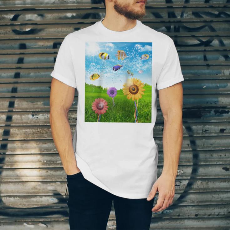 Frutiger Aero Aesthetic Tech Scenery Fishes Sunflower Raglan Baseball Tee Unisex Jersey T-Shirt