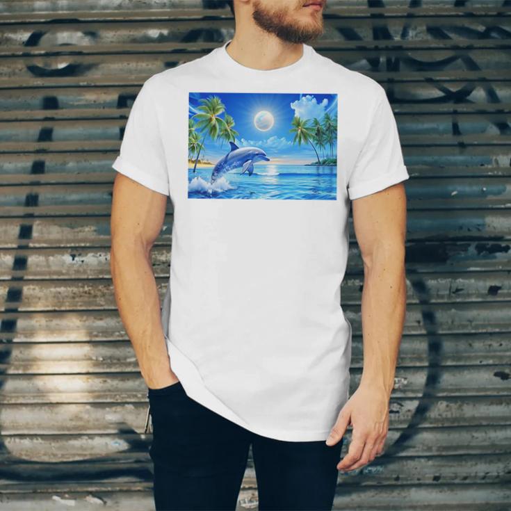 Frutiger Aero Dolphin Sunset Ocean With Palm Trees Y2k Premium Unisex Jersey T-Shirt